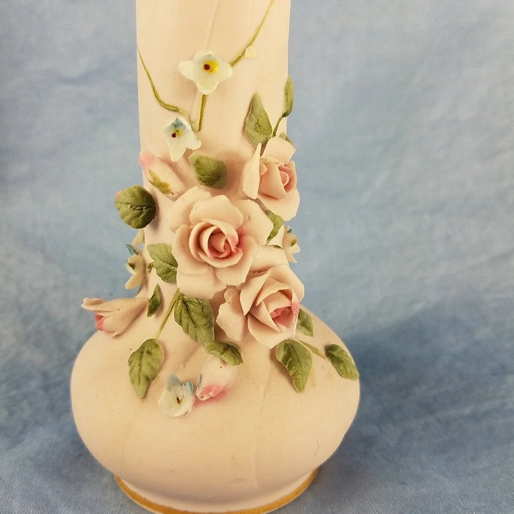 Lefton VNTG‎ Pink Vase applied flowers Japan bud 1040 green leaves matte pink